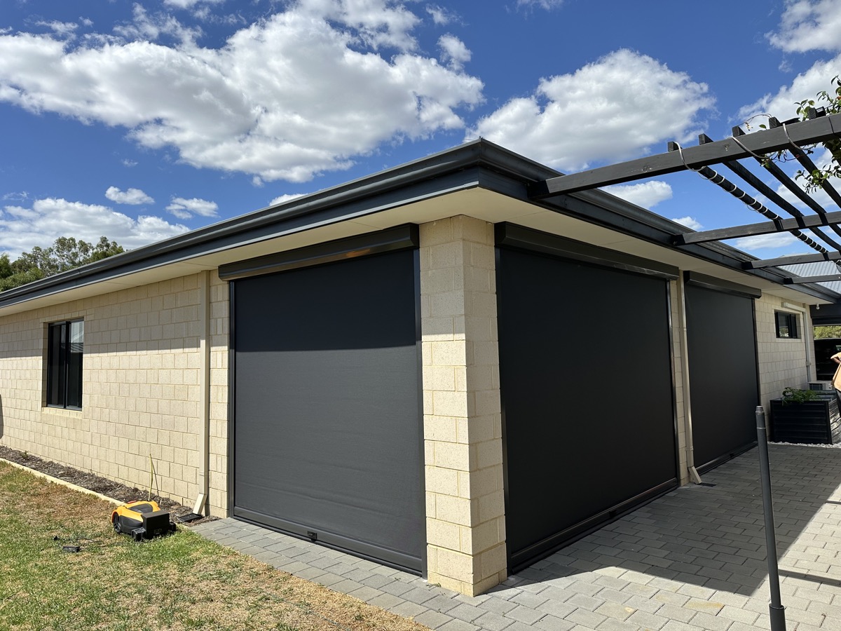 Dark outdoor blinds limestone house Perth